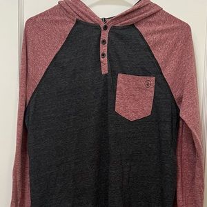 Volcom Men’s Long Sleeve Hooded T-Shirt 3/4 buttons Gray, & Salmon Color Size S